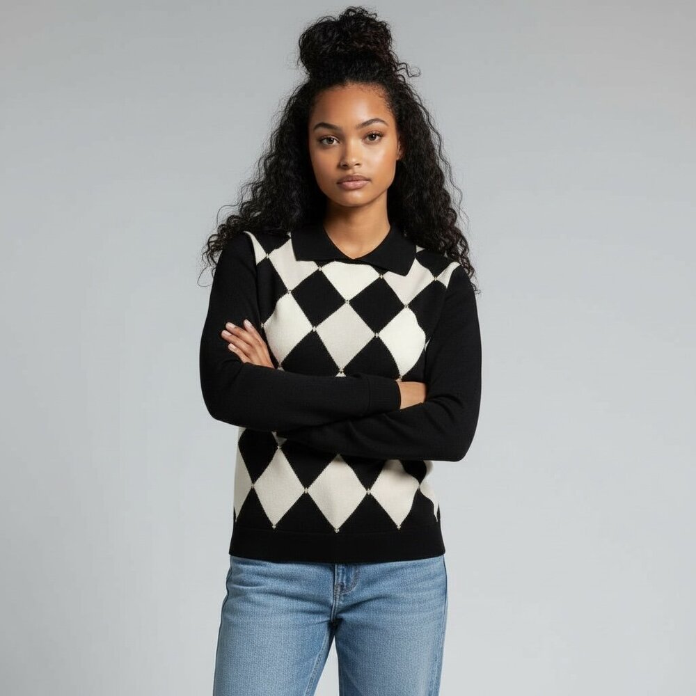 ST. JOHN Argyle Black White Diamond Collared Sweater Top - Size P - Picture 14 of 15